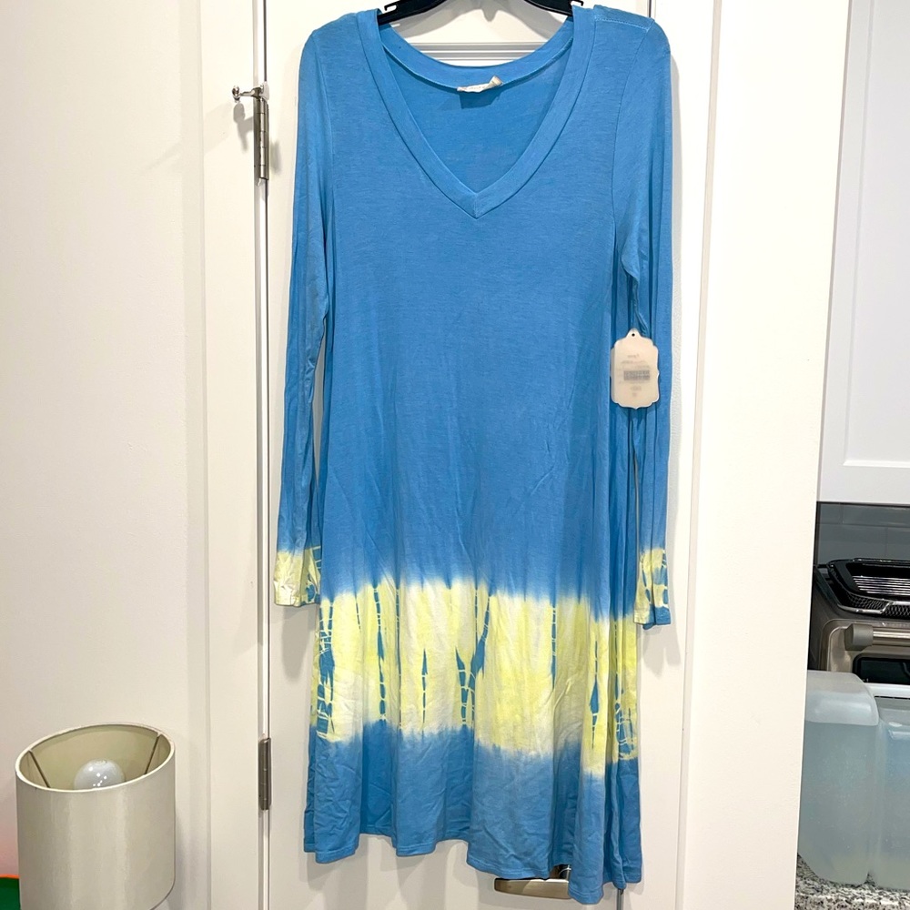 Blue and yellow tye die long sleeve shirt dress midi from altar’d state